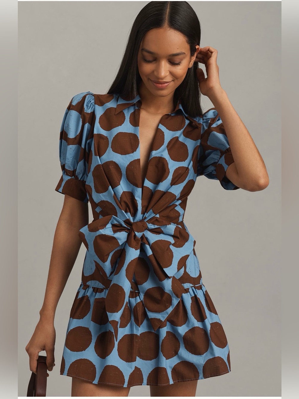 Farm Rio x Anthropologie Bow Front Mini Dress Blue Brown Polka Dot M